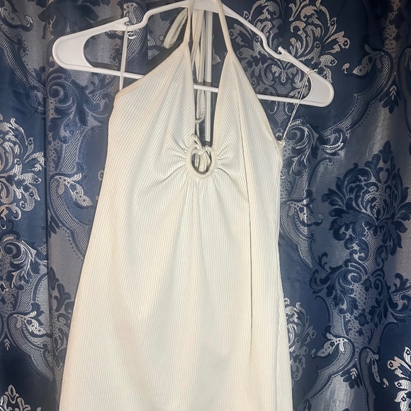 White Ribbed Halter Mini Dress with Ring Detail - Chic & Trendy - Picture 1 of 2